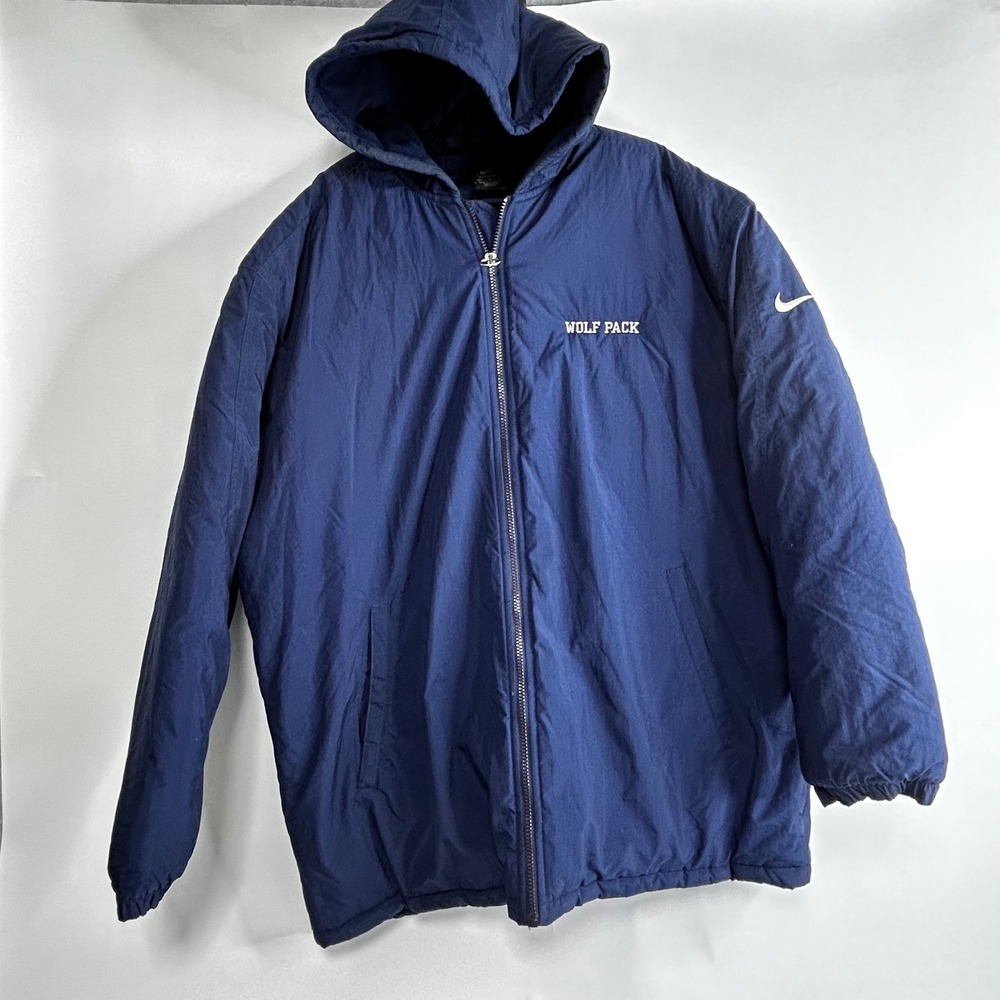 90s‎ Nike Wolf Pack NCAA Puffer Jacket Hooded Blue Mens L Zip Swoosh Oversized